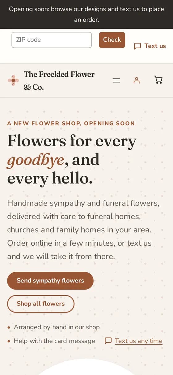 Mobile view of the florist home page with a ZIP code delivery check, the Freckled Flower logo, and 'Send sympathy flowers' and 'Shop all flowers' buttons