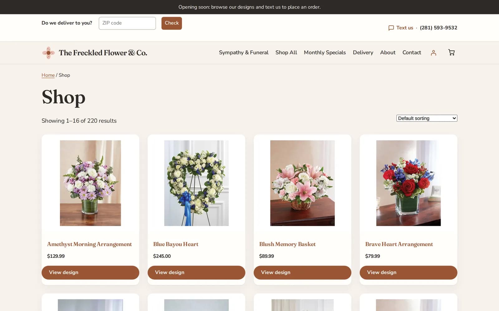 Shop page listing 220 flower designs, with product cards for a lavender arrangement, a blue and white heart, a pink basket and a red, white and blue arrangement, each with price and View design button