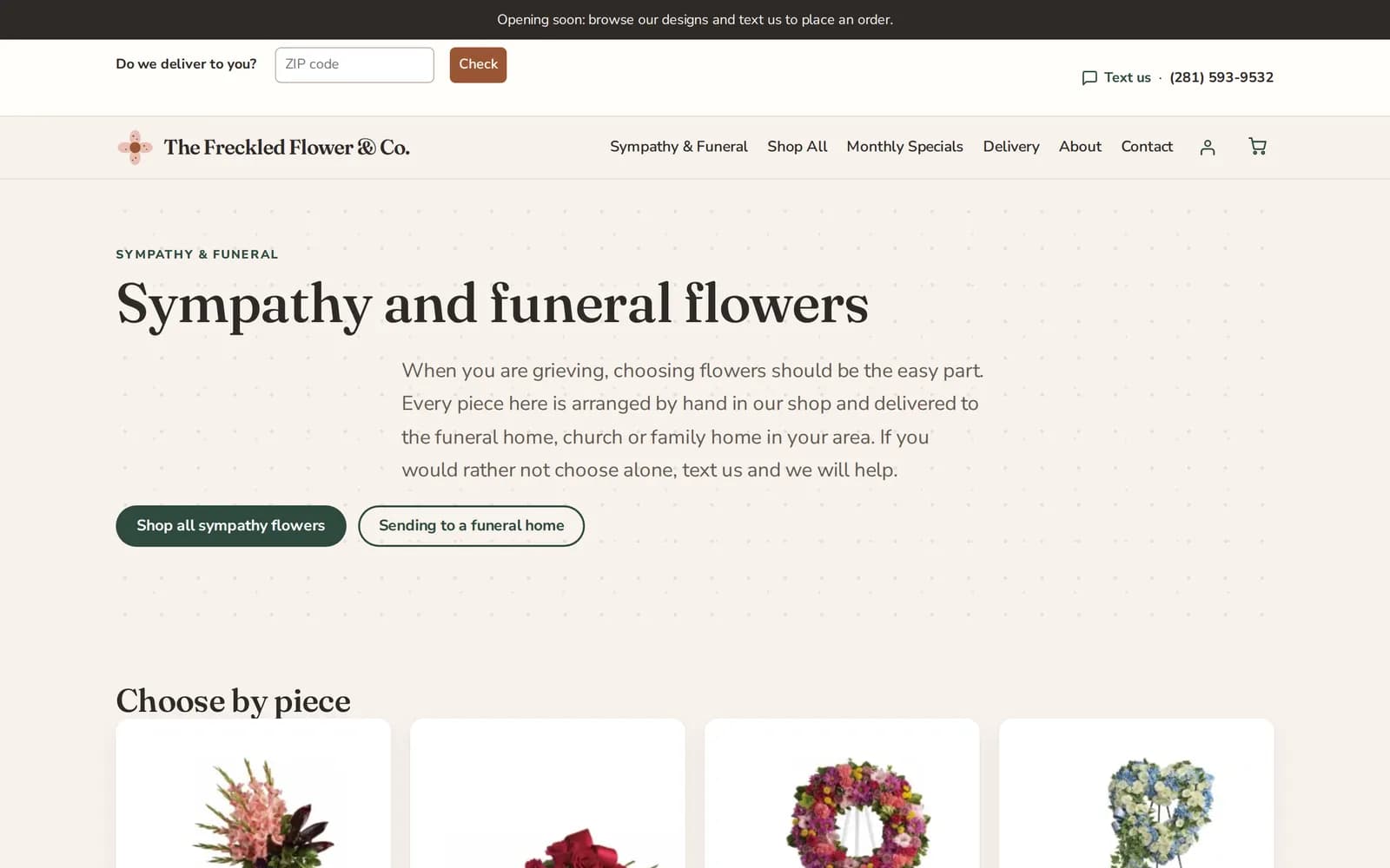 Sympathy and funeral flowers page with an introduction for grieving families, links to shop and to funeral home guidance, and the start of a grid of arrangement types