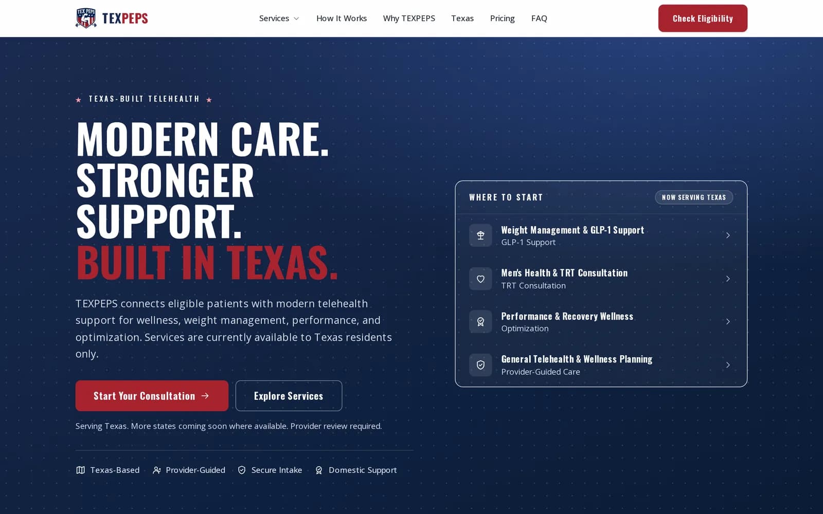 TEXPEPS homepage showing the headline 'Modern care. Stronger support. Built in Texas.' with a service selection panel