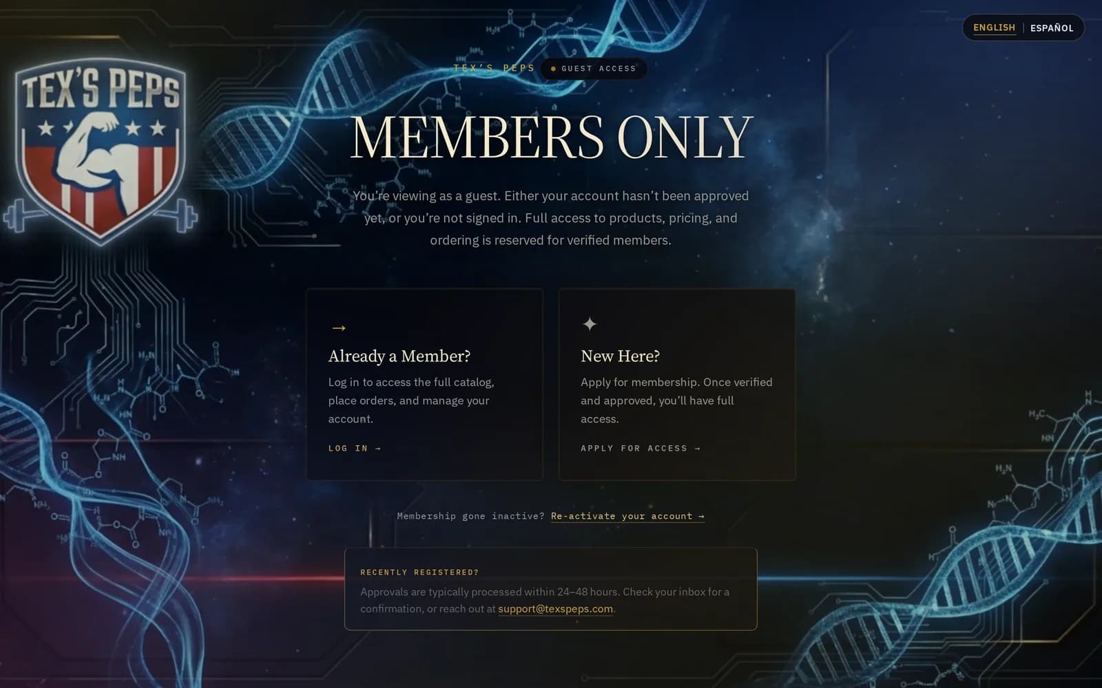 The Tex's Peps members-only access gate explaining that full catalog access is reserved for verified members