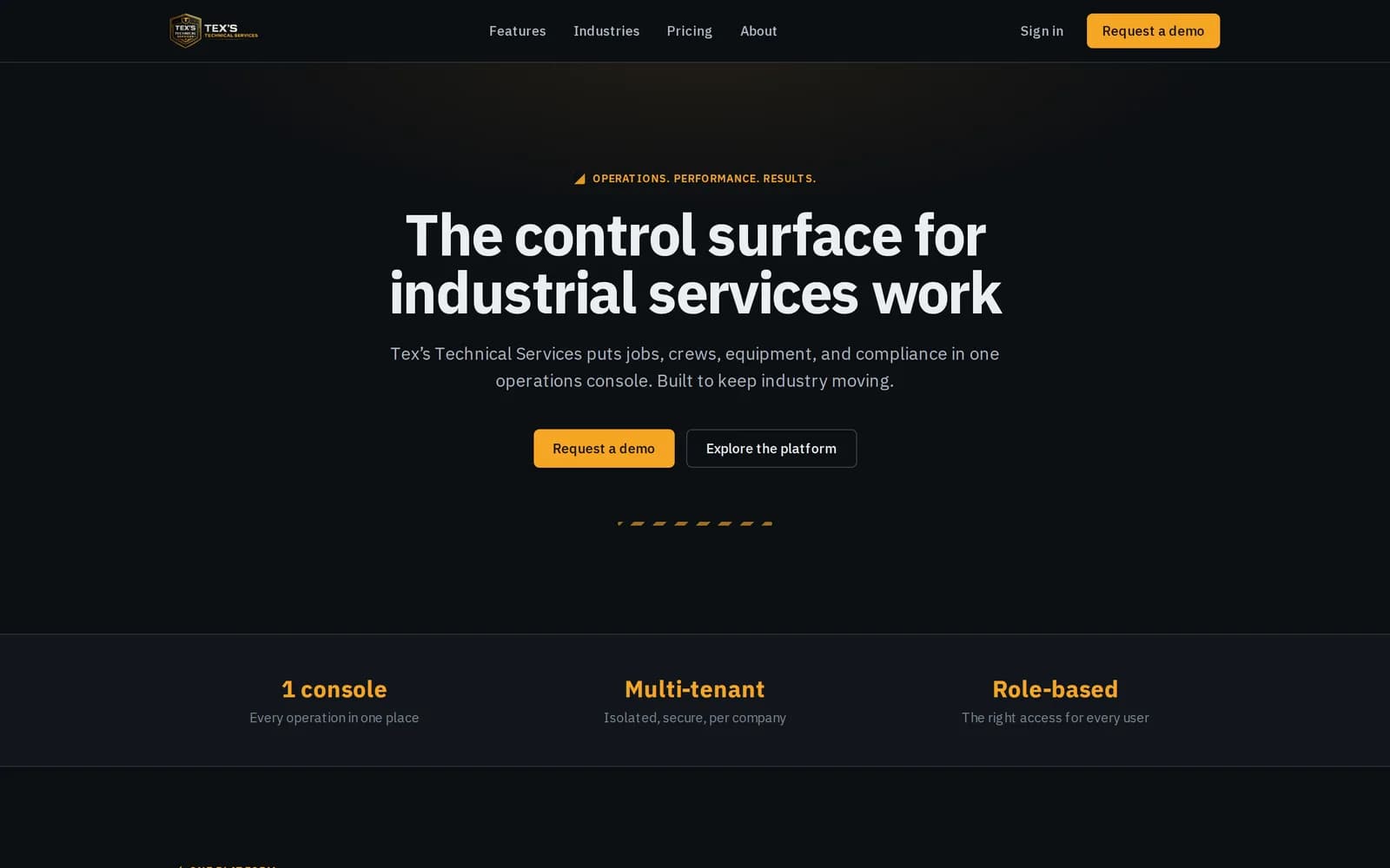 Tex's Technical Services homepage showing the headline 'The control surface for industrial services work' on a dark interface