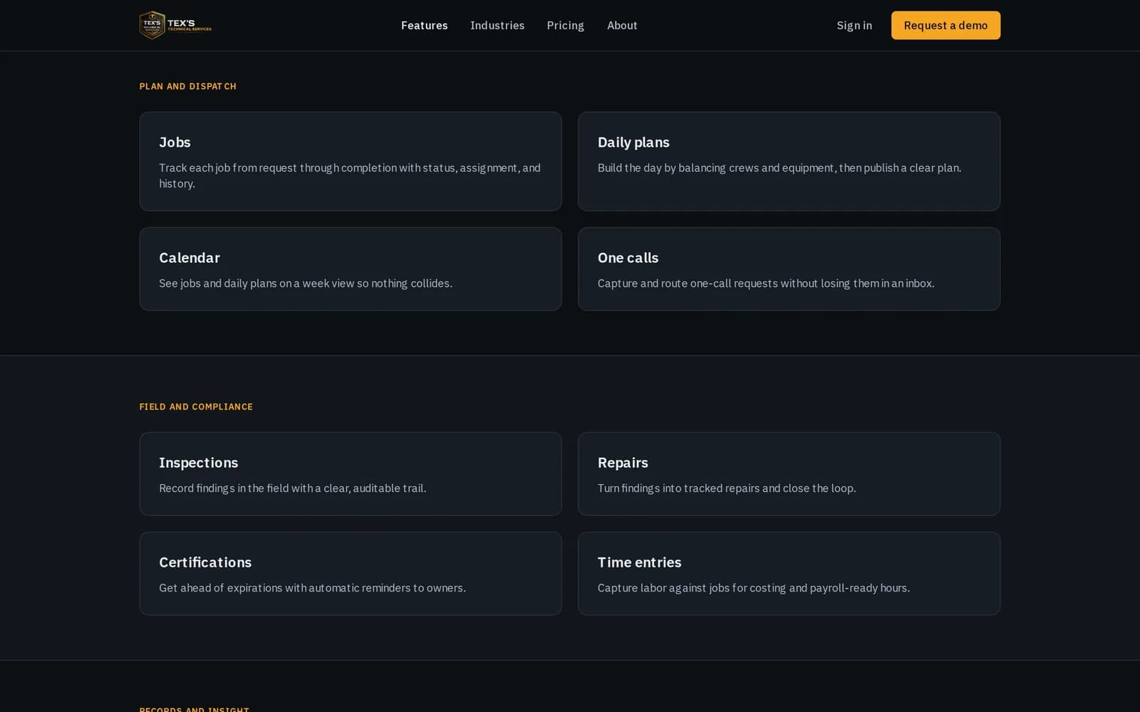 The features page of Tex's Technical Services listing platform capabilities