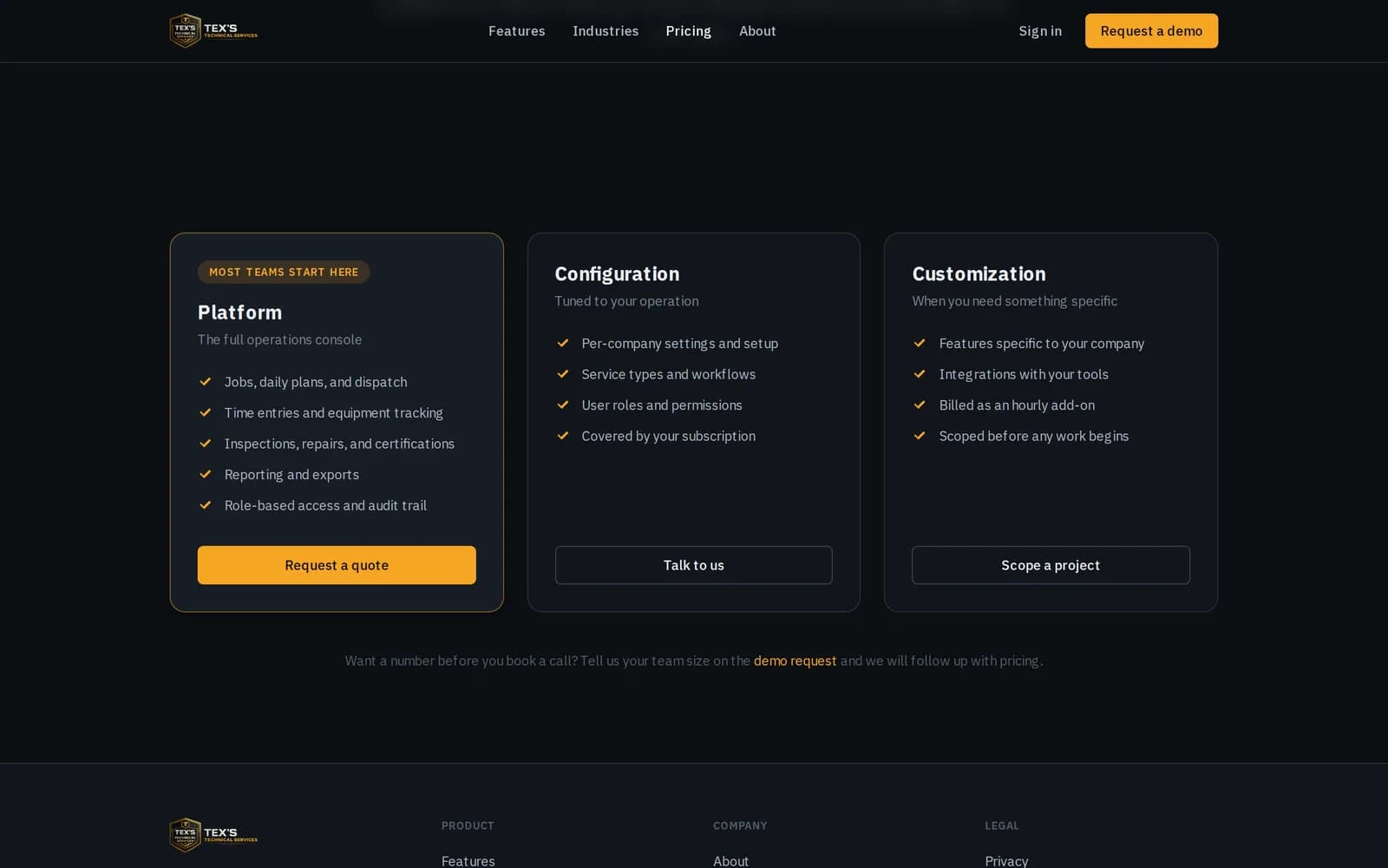 The pricing page of the Tex's Technical Services platform