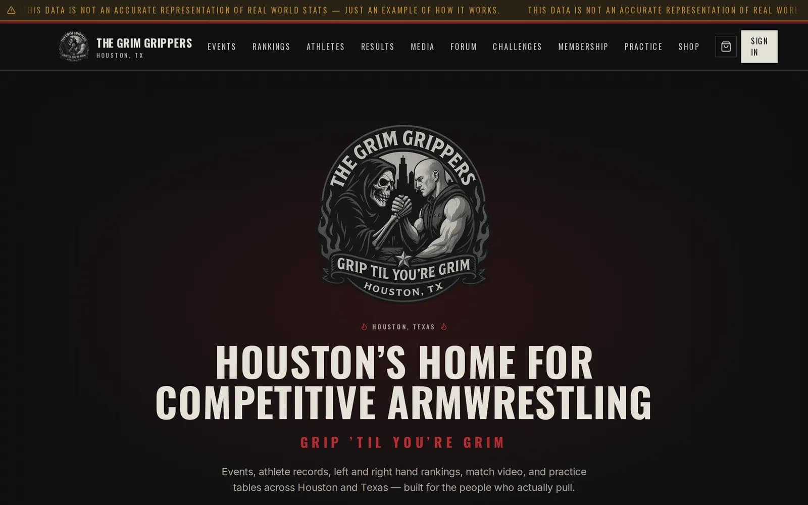 The Grim Grippers homepage with a reaper-versus-athlete armwrestling badge logo and the headline 'Houston's Home for Competitive Armwrestling'