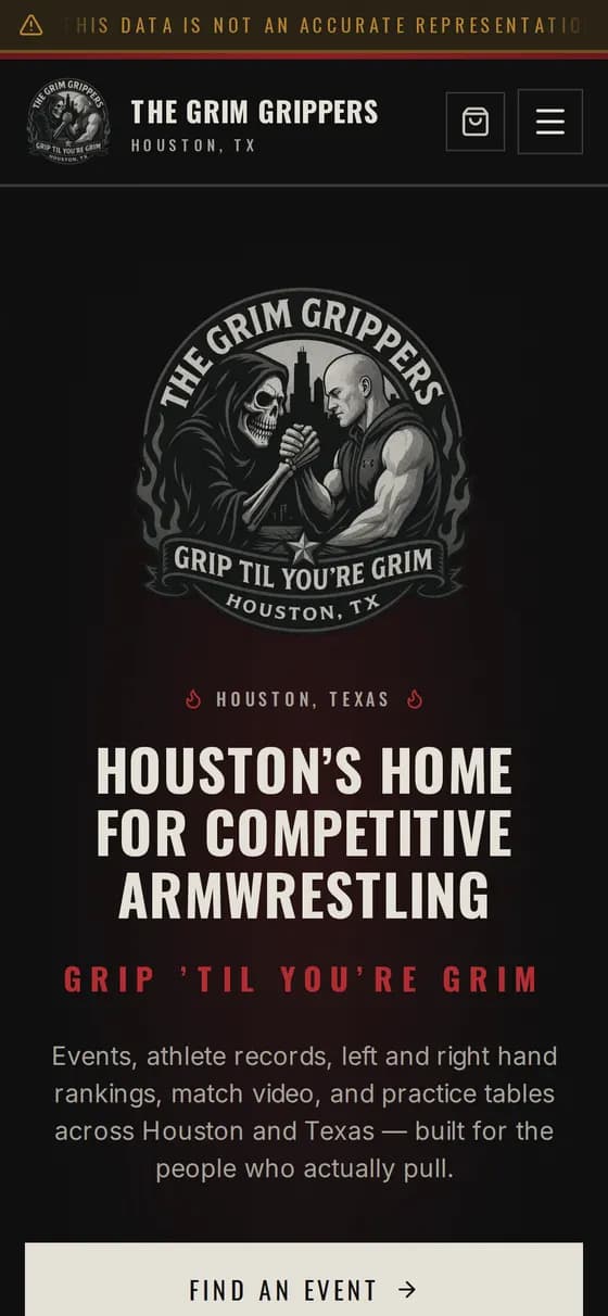 The Grim Grippers homepage on mobile showing the badge logo, headline, tagline 'Grip 'Til You're Grim' and a Find an Event button